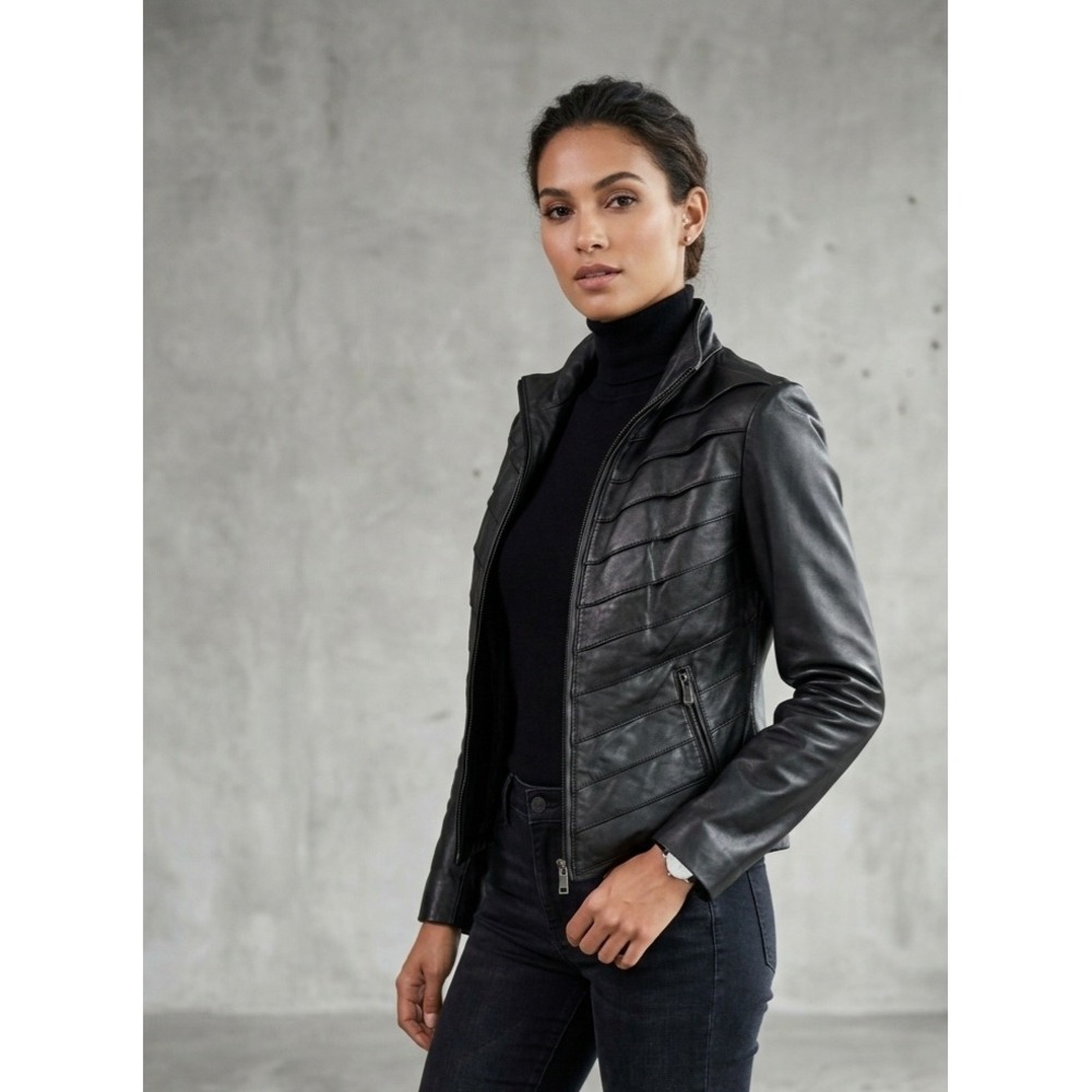 Jones New York Black Leather Tiered Moto Biker Jacket Small